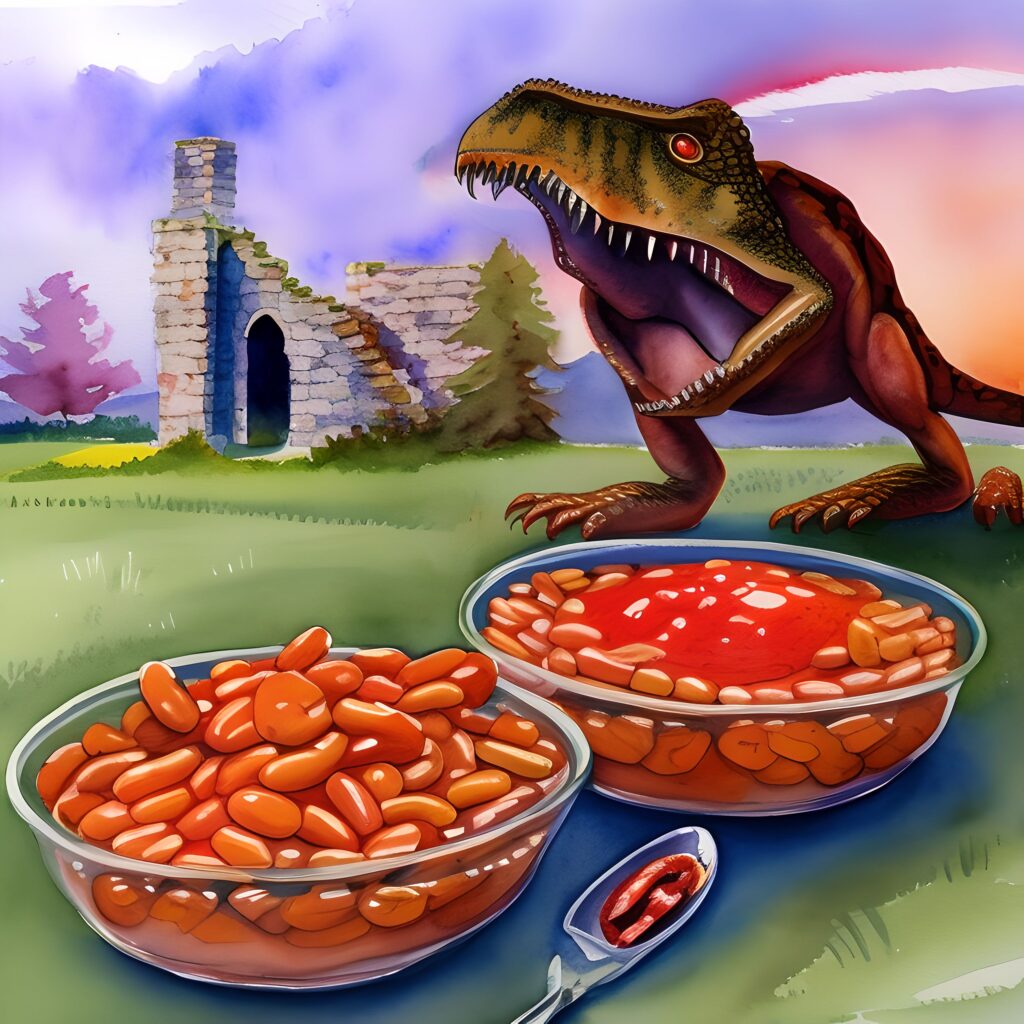 t-rex eating baked beans